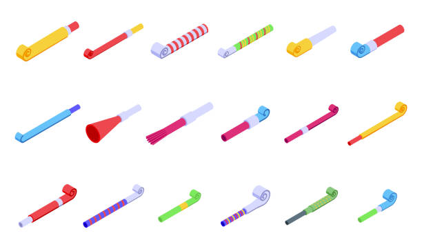 Party blower icons set isometric vector. Whistle horn Party blower icons set isometric vector. Whistle horn. Roll paper party blower stock illustrations