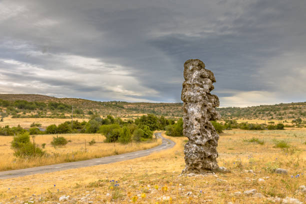 Menhir standing stone monolith in Causse de Blandas limestone karst highland landscape, France