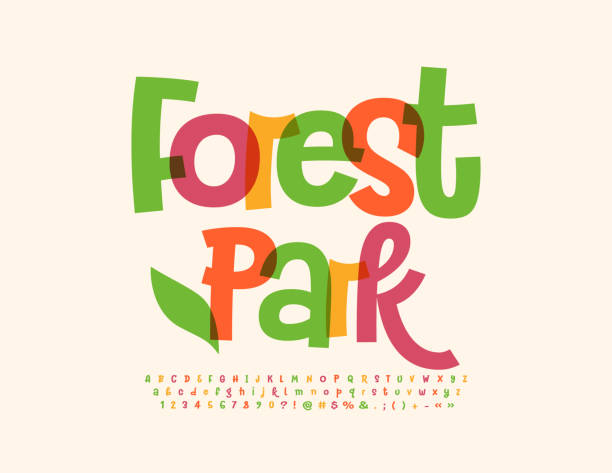 stockillustraties, clipart, cartoons en iconen met vector eco banner forest park. watercolor alphabet letters, numbers and symbols set - amusement park