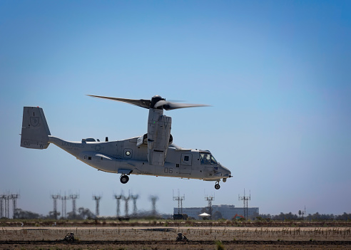 San Diego, California, USA - September 22, 2022: A V-22 Osprey takes off during the Marine Air-Ground Task Force (MAGTF) practive before the 2022 Miramar Airshow.