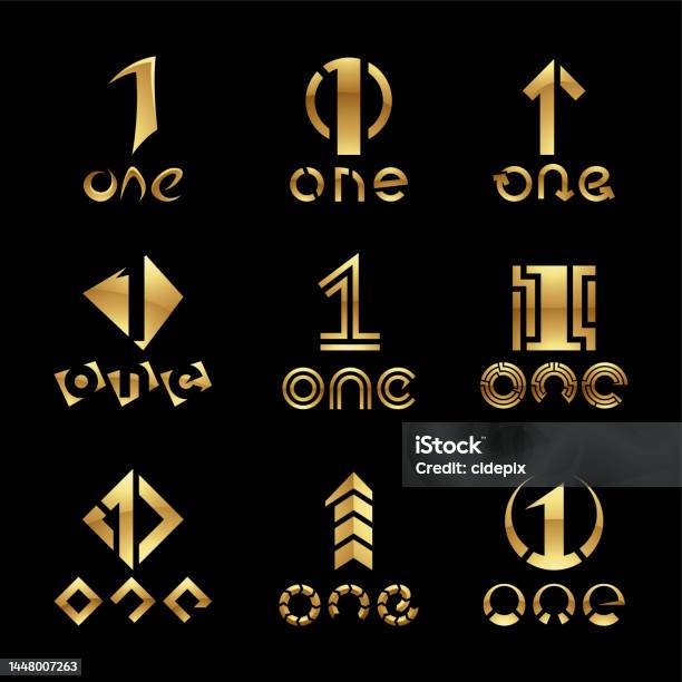 Golden Glossy Number 1 Icons On A Black Background Stock Illustration