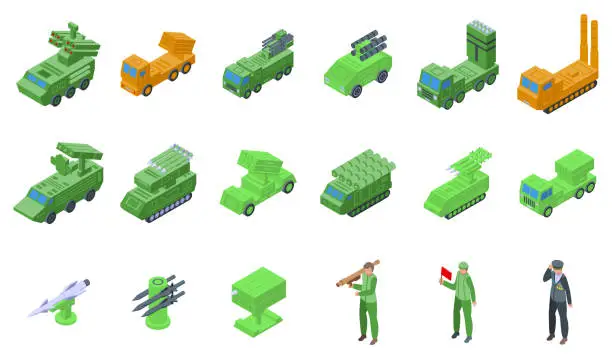 Vector illustration of Anti-aircraft missile system icons set isometric vector. Truck gun