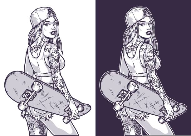 Tattooed girl skateboarder label monochrome Tattooed girl skateboarder label monochrome with skateboard in hand, looking back standing in summer clothes and baseball cap vector illustration skateboard tattoo stock illustrations