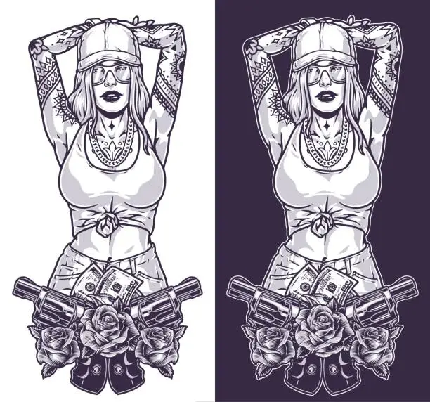 Vector illustration of Hot tattoo girl monochrome emblem