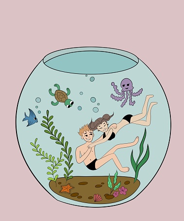 vertical illustration. a happy couple, a guy and a girl, swim underwater in an aquarium together with a sea turtle, jellyfish and fish, around algae and marine organisms. pink background, romantic atmosphere, happy valentine's day