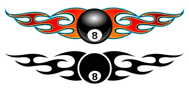 Vector illustration of Set of 8 ball and fire flame vector illustrations. Burning 8 ball billiard graphic car sticker and logo template.