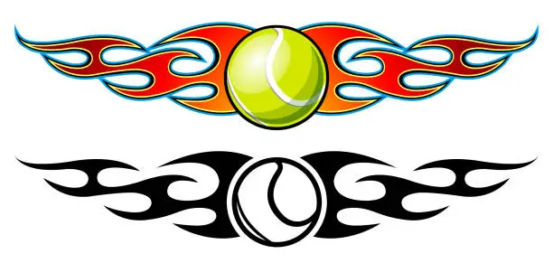 Vector illustration of Set of tennis ball and fire flame vector illustrations. Burning tennis ball graphic car sticker and logo template.