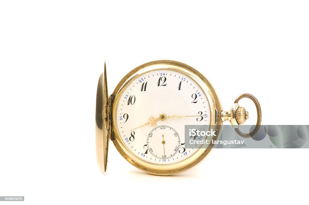 Pocket watch Golden pocket watch on white background Antique Stock Photo