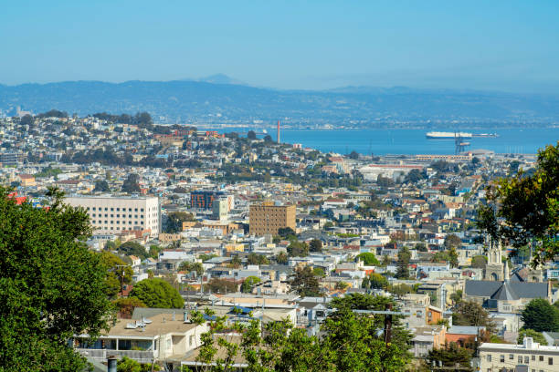istock Sprawling downtown san francisco california with hazy mountain with blue sky and ocean background and urban trees 1448019216