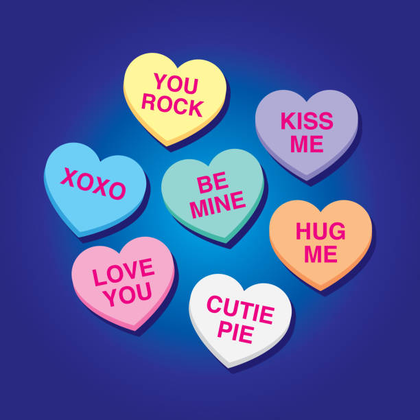 Candy Hearts 2 Vector illustration of multi-colored candy hearts against a blue background in flat style. heart candies stock illustrations