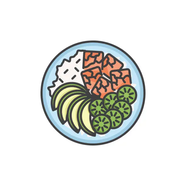 Vector illustration of Hawaiian Dish Poke Bowl Color Line Icon. Editable Stroke.