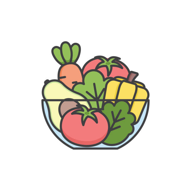 illustrations, cliparts, dessins animés et icônes de icône de ligne de couleur du bol de légumes. trait modifiable. - superfood