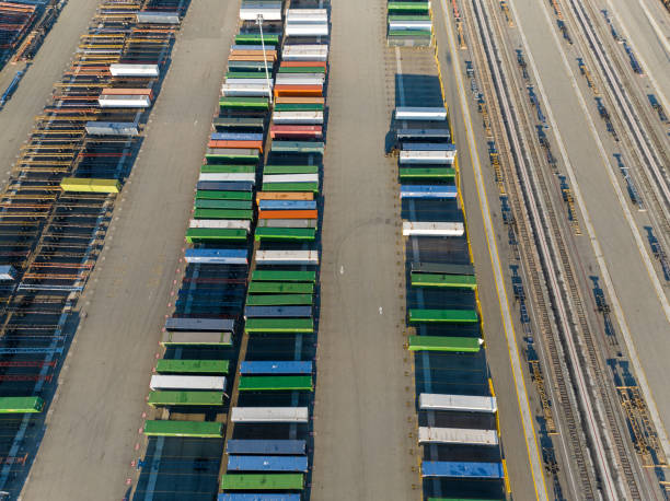 istock Aerial view of cargo containers, shipping yard 1448023615