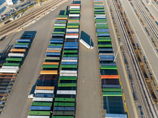 istock Aerial view of cargo containers, shipping yard 1448023617