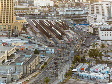 Aerial view of train station in Los Angeles