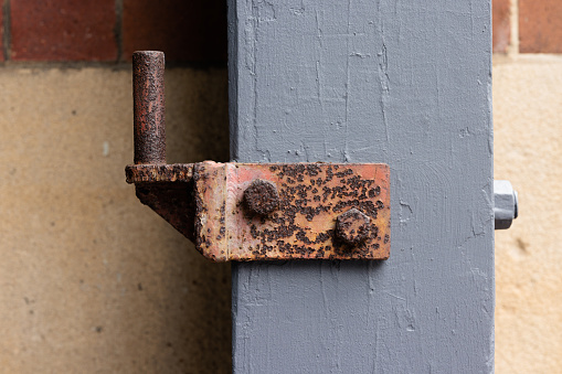 Bathroom door hinge rust.On the door of PVC waterproof and empty space for text. -The concept of using improper equipment