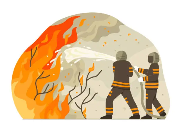 Vector illustration of Firefighter Men Extinguish Wildfire by Spraying Water