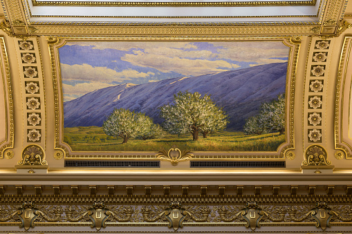 Ancestral Home painting in the Senate chamber in the Utah State Capitol building on State Street in Salt Lake City, Utah. Keith Bond of Logan, Utah, was commissioned in 2006 to paint a landscape of northern Utah, Orchards Along the Foothills.