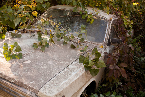 istock Broken abandoned rusty old vehicle. Retro damaged transportation. 1448027348