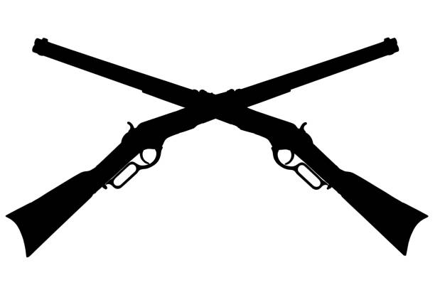 old west crossed rifles emblem. crossed winchester lever-action repeating rifles black silhouette. - 1866 imagens e fotografias de stock