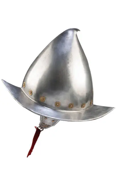 A Spanish conquistador comb morion steeel helmet 16-17th century isolated on white background