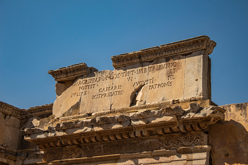 An inscription in the ancient city of Ephesus, sky and sunshine