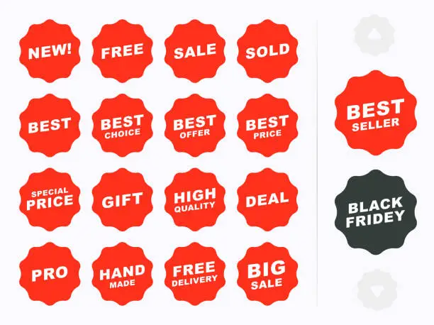 Vector illustration of Set of badges and stickers for sale graphic design. High quality, price and new tags. Special offer, sale, discount, shop, black friday banner. Pricing, best offer label and sticker