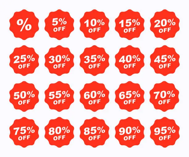 Vector illustration of Discount tags with percentage graphic design. Set sale 10%, 20%, 30%, 40%, 50%, 60%, 70%, 80%, 90% off starburst sticker vector design. Special offer price sign banners