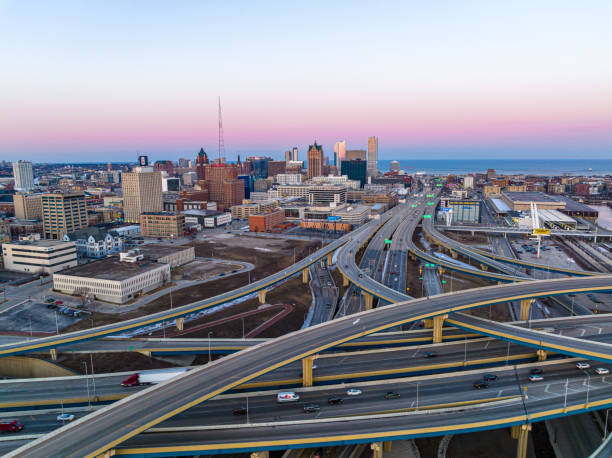 istock Aerial View of Downtown Milwaukee at Dusk Massive Highway Interchange 1448030714