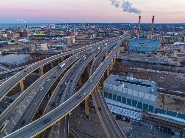 istock Aerial View of Downtown Milwaukee at Dusk Massive Highway Interchange 1448030752