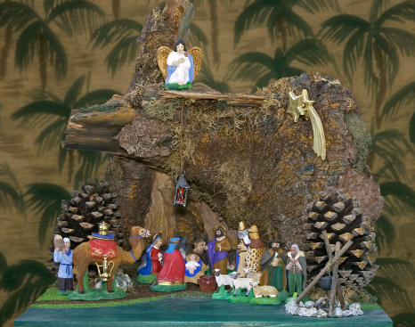 European christmas creche. This creche is construit by myself and its clayded figurines of the Provence are individually colored by myself. The nativity scenic shows Jesus and his parents, the 3 wise men and the herdsmen