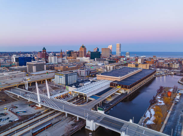 istock Aerial View of Downtown Milwaukee at Dusk Massive Highway Interchange 1448030923