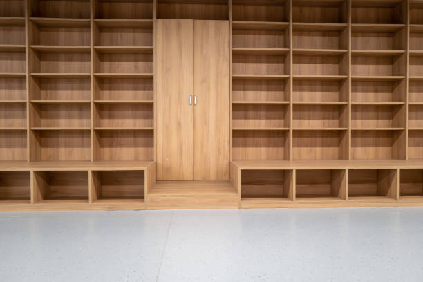 Empty wooden square bookcase in library