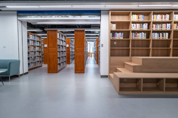 bookcase in library - shelf bookshelf empty box imagens e fotografias de stock