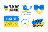 istock Vector set with Ukrainian symbols, stickers, icons, badges. I Support Ukraine, Stop war, Ukrainian flag, Peace, Pray for Ukraine concept. Colorful illustrations 1448033358