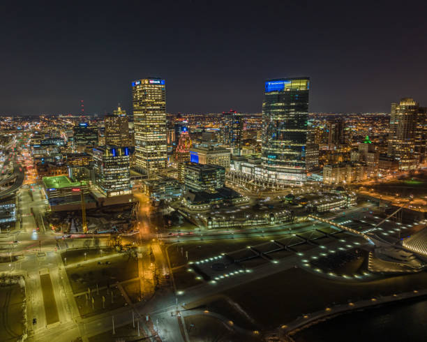 istock Aerial View of Downtown Milwaukee at Dusk Massive Highway Interchange 1448033891