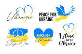 istock Vector set with Ukrainian symbols, stickers, icons, badges. I Support Ukraine, Stop war, Ukrainian flag, Peace, Pray for Ukraine concept. Colorful illustrations 1448034059