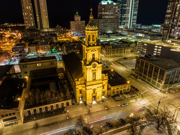 Aerial View of Downtown Milwaukee at Dusk Massive Highway Interchange
