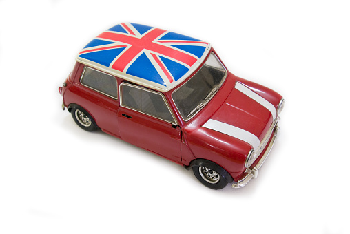 This is a red Uk Mini car