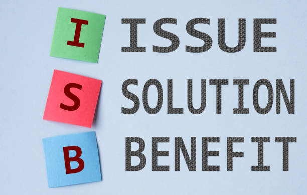 istock ISSUE SOLUTION BENEFIT - words gray color close-up on a light background with bright papers 1448043372