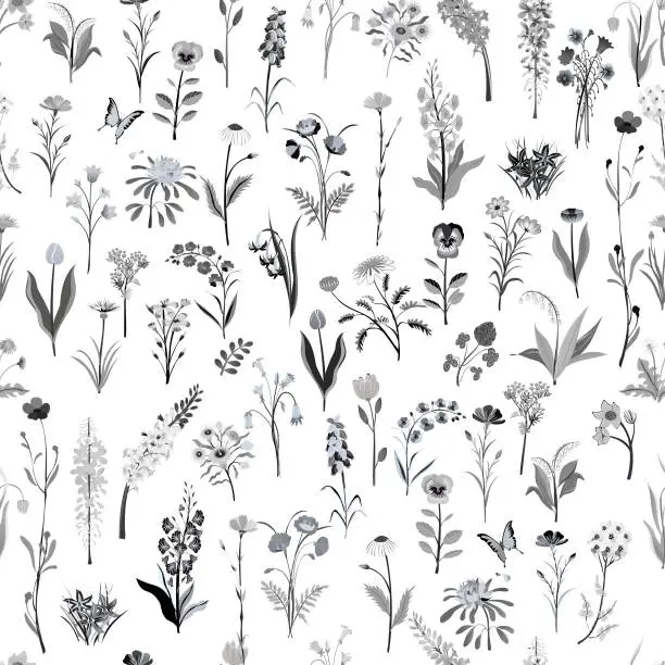 Vector illustration of Different types of wild flowers. Seamless pattern. Fabric texture.