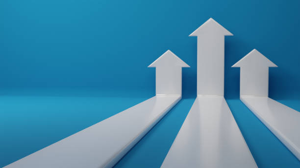 istock 3d rendering. 3 white arrow on blue background. business arrow target direction concept to success. Finance growth vision stretching rising up. Return on investment ROI. chart increase profit. copy space. 1448046978