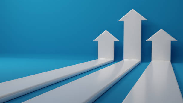 istock 3d rendering. 3 white arrow on blue background. business arrow target direction concept to success. Finance growth vision stretching rising up. Return on investment ROI. chart increase profit. copy space. 1448046979