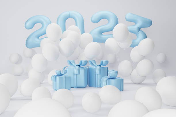 istock 3d rendering. blue text number 2023, gift box and white balloons composition on white background. design for happy new year background. 1448047090