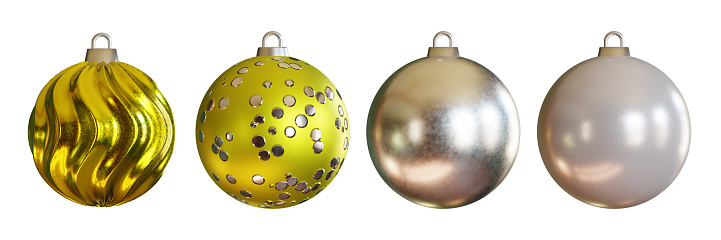 Metallic Christmas baubles on white background. Horizontal composition clipping path and with copy space. Front view. Great use as a design element for Christmas related concepts.