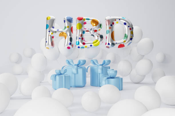 3d rendering. colorful text HBD, blue gift box and white balloons, composition on white background. design for birthday  background.