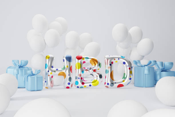 istock 3d rendering. colorful text HBD, blue gift box and white balloons, composition on white background. design for birthday  background. 1448047099