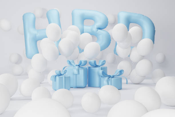 istock 3d rendering. blue text HBD, gift box and white balloons, composition on white background. design for birthday  background. 1448047100