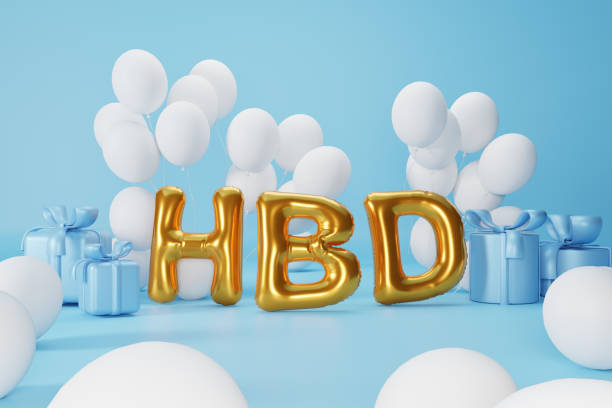 istock 3d rendering. gold text HBD, blue gift box and white balloons, composition on blue background. design for birthday  background. 1448047104
