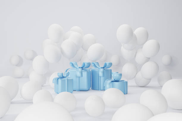 istock 3d rendering. blue gift box and white balloons, composition on white background. design for birthday  background. 1448047105